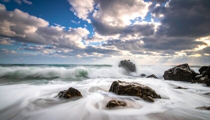 Obraz premium Dramatic seascape with crashing waves and rocky shore