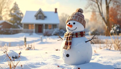 Snowman in snowy landscape near a cozy house
