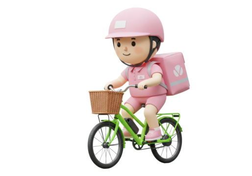 3D delivery man on bicycle PNG isolated, cartoon character with pink helmet and delivery box on transparent background