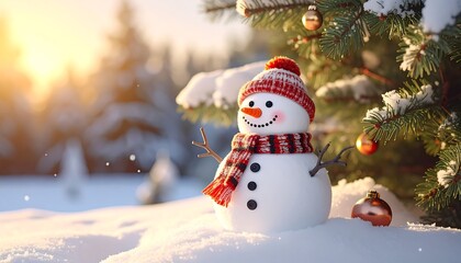 Snowman in snowy landscape at sunset