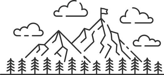 Mountain peak landscape with flag and trees line art vector illustration design