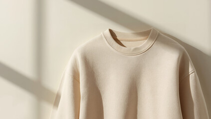 Close-up professional photo of a simple, soft beige crewneck sweatshirt, highlighting cozy texture and minimalist style in natural sunlight and shadow.