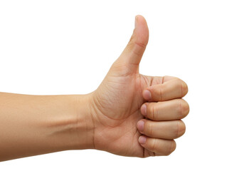 Human hand giving thumbs up isolated on transparent background, positive gesture of approval and success