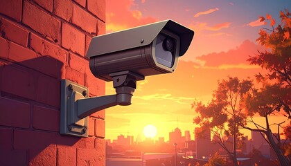 Security Camera Overlooking City at Sunset - Digital Illustration.