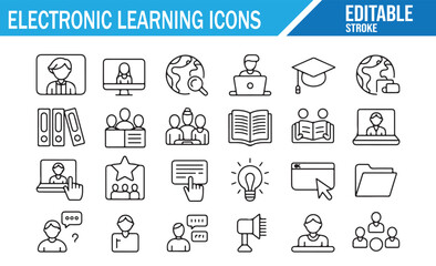 Remote Study Line Icons Set for Schools and Platforms
