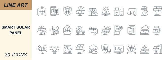 Minimal line icons of smart solar panel. With energy, grid, inverter, battery, storage, charger, sensor, and eco power. Perfect for apps, web, UI, renewable, and green projects.