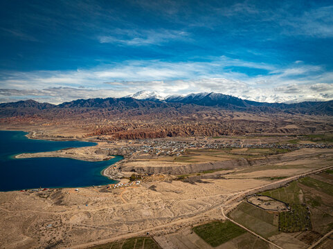 Drone Shot of Kyrgyz Landscapes Around Issyk Kul Lake
