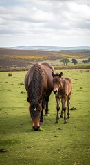 Two Horses Grazing in a Field.