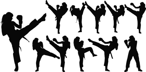 Twenty dynamic female dancer silhouettes in stylish dress and high heels performing expressive dance poses, vector illustration for choreography, design, animation.