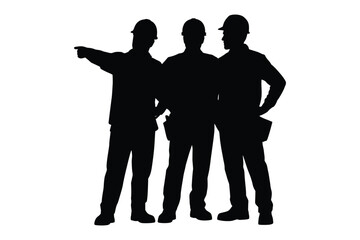 Silhouette of three construction workers standing together on a white background