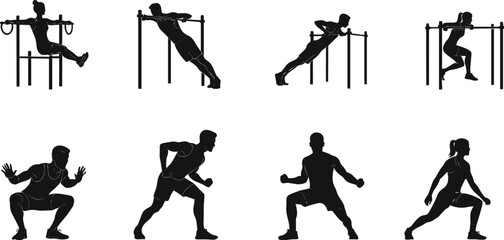 Collection of fitness silhouettes performing dynamic exercises, including squats, lunges, and bodyweight training on parallel bars, a vector illustration for health and gym themes