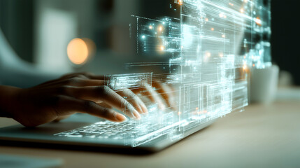 Laptop on desk with holographic data projections