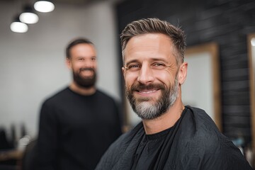 Smiling customer and barber in a barbershop