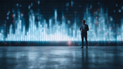 A businessman stands in a modern hall presenting dynamic digital data charts on a large futuristic screen reflecting the light on the floor