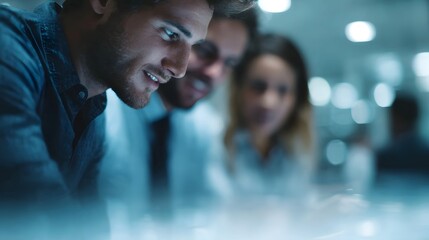 A diverse team collaborates intently focusing on a shared digital screen in a modern office environment