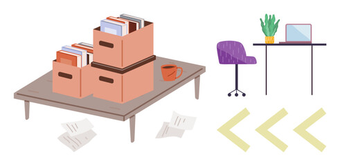 Books and documents neatly placed in storage boxes on a table, scattered papers nearby, laptop and plant on desk, purple chair. Ideal for productivity, organization, learning, work-from-home, study