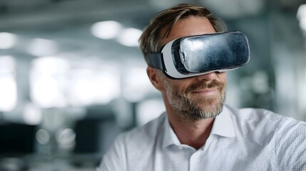 A man wearing a virtual reality headset in a modern office setting engaging with immersive technology
