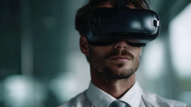Professional man wearing a virtual reality headset immersed in futuristic digital technology - Powered by Adobe