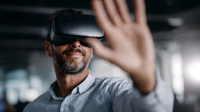 A businessman wearing a VR headset interacts with a virtual environment in a modern office setting