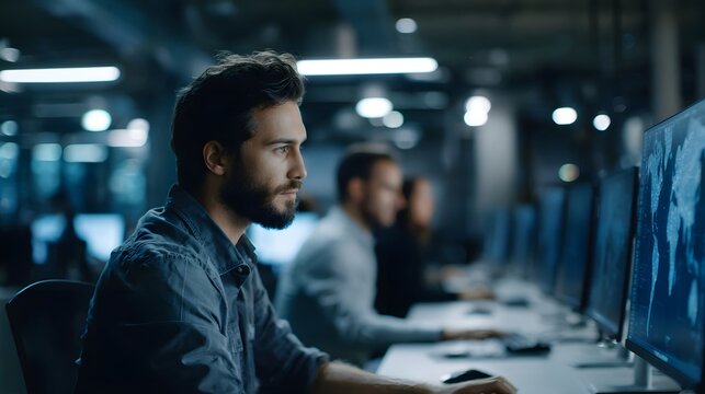 A man intently works on a computer in a modern data center with glowing screens and colleagues