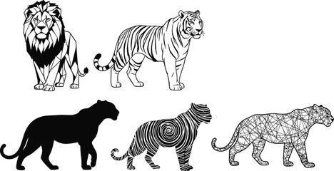 Obraz premium Diverse big cat illustrations featuring a lion and tiger in different artistic styles, including line art, abstract, and solid black silhouettes, for a wildlife concept
