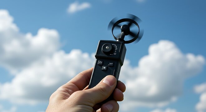 Handheld anemometer measuring wind speed against a bright blue sky
