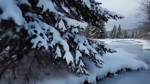 Snowy winter landscape with frozen river and trees