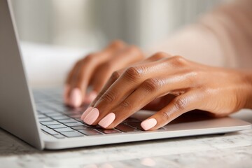 A person types on a laptop keyboard with neatly manicured nails. The soft lighting creates a warm atmosphere, suggesting a focused moment of work or creativity