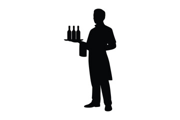 Silhouette of a waiter holding a tray with wine bottles