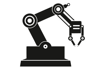 Robotic arm illustration showcases automation with distinct black and white contrast, portraying mechanical precision