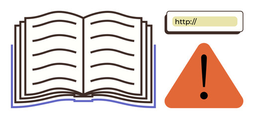 Open book with visible pages, a browser URL bar, and triangular warning sign. Ideal for education, reading, cybersecurity, online safety, caution, digital awareness simple flat metaphor