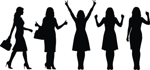 Silhouette people poses with handbag, walking, standing, thumbs up, peace sign, raised fists, pointing gesture, fashion vector illustration design