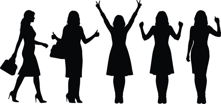 Silhouette people poses with handbag, walking, standing, thumbs up, peace sign, raised fists, pointing gesture, fashion vector illustration design