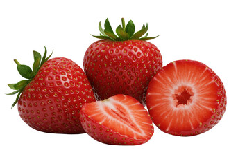 Three red strawberries (whole, cut, bitten) with moist ruby flesh on transparent, dramatic studio lighting, sharp focus. Concept for food advertising