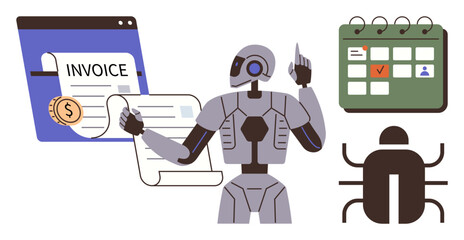 Humanoid robot managing digital invoicing, task calendar, and bug troubleshooting. Ideal for technology, workflow automation, finance, scheduling, AI innovation, productivity and digital