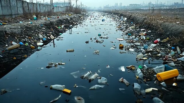 Polluted river filled with plastic waste. Environmental pollution and ecological disaster.