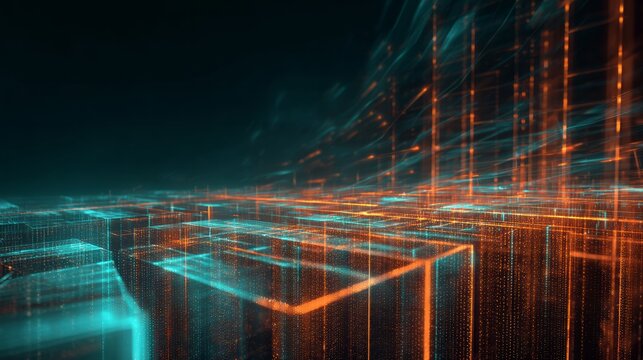 Futuristic data grid with orange and turquoise glowing lines, digital firewall network background