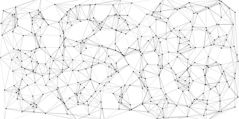 Abstract network of interconnected black dots and grey lines forming a complex geometric mesh pattern on a white background representing data connections or scientific structures