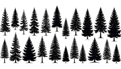 Obraz premium A collection of stylized evergreen trees in varying sizes and shapes, rendered as solid black silhouettes on a white background