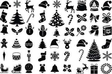 Christmas All Item Icon Silhouette Vector Set Holiday Christmas Silhouette Icon Collection Pack