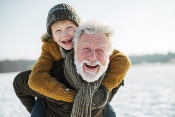 Happy grandfather gives grandson a piggyback ride in snowy winter landscape during sunny day