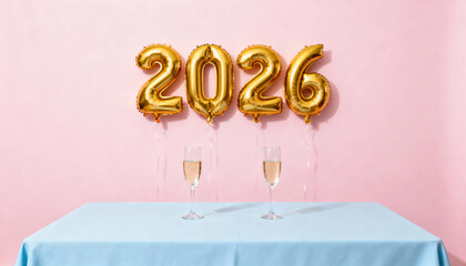 Gold 2026 New Year balloons with champagne on blue table against pink backdrop
