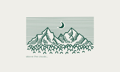 Crescent moon between two mountain peaks. Mountain range on forest background. Abstract striped sky. Vector line illustration