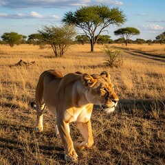 African Lioness in Savanna Landscape.