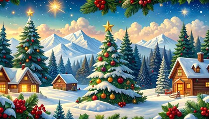 Snowy Christmas village at dawn