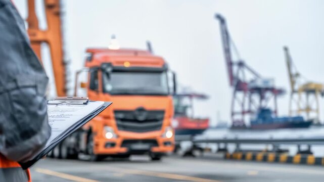 Close up of a dock worker in a safety vest writing on a clipboard, managing logistics as a large semi truck arrives at the industrial port with cranes and shipping containers in the background