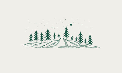 Starry night in the forest. Young spruce trees grow on the hills. Vector line illustration with falling star