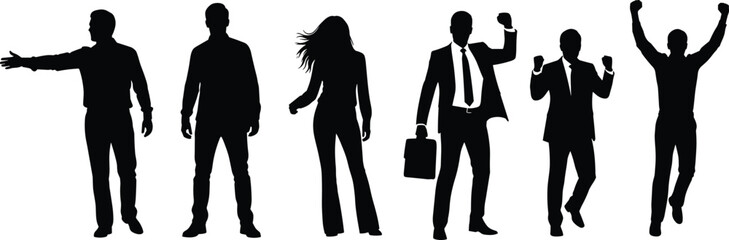 Business people silhouettes in professional poses with confident gestures, teamwork success celebration, corporate victory concept, leadership motivation vector illustration design