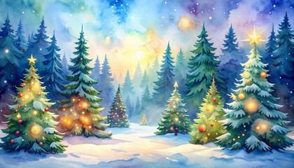 Winter wonderland with pine trees and colorful decorations celebrating the joy of Christmas through a beautiful watercolor illustration