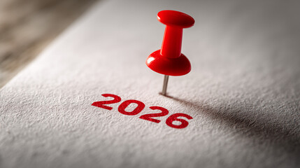 Red Push Pin Marking Year 2026 on White Paper